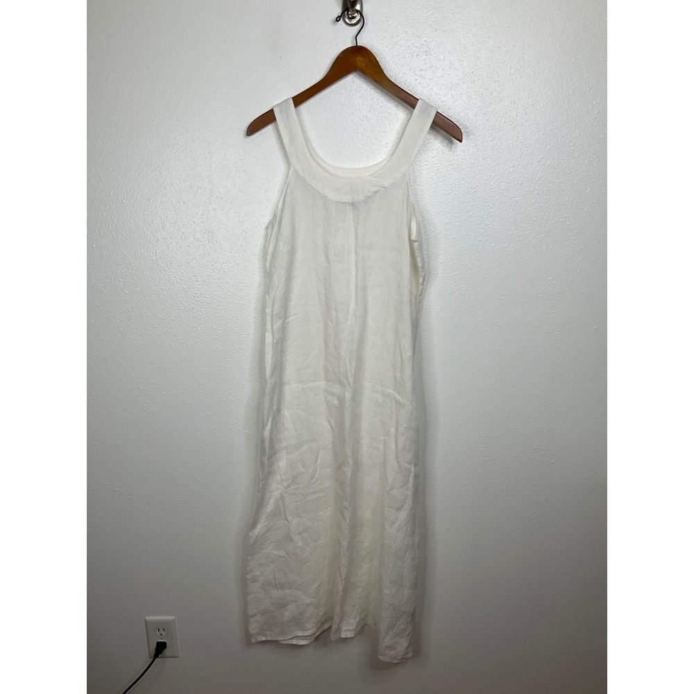 Flax White 100% Linen‎ Textured Sleeveless Scoop Neck Midi Shift Dress Small